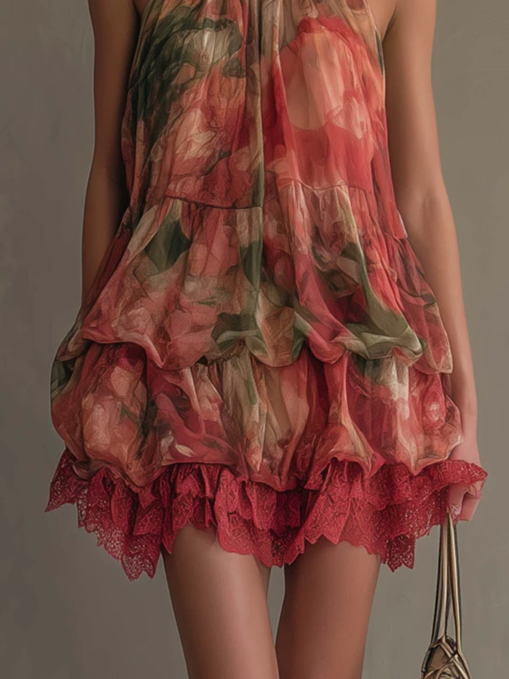 Women Spring Summer Retro Red Lace Trimmed Halter Print Mini Dress